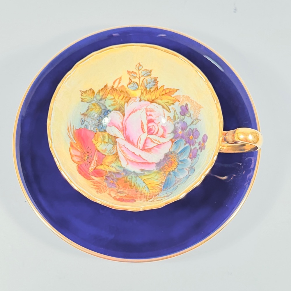 RARE Aynsley Cabbage Rose Tea Cup & Saucer Signed J.A. Bailey Cobalt Blue Gilt